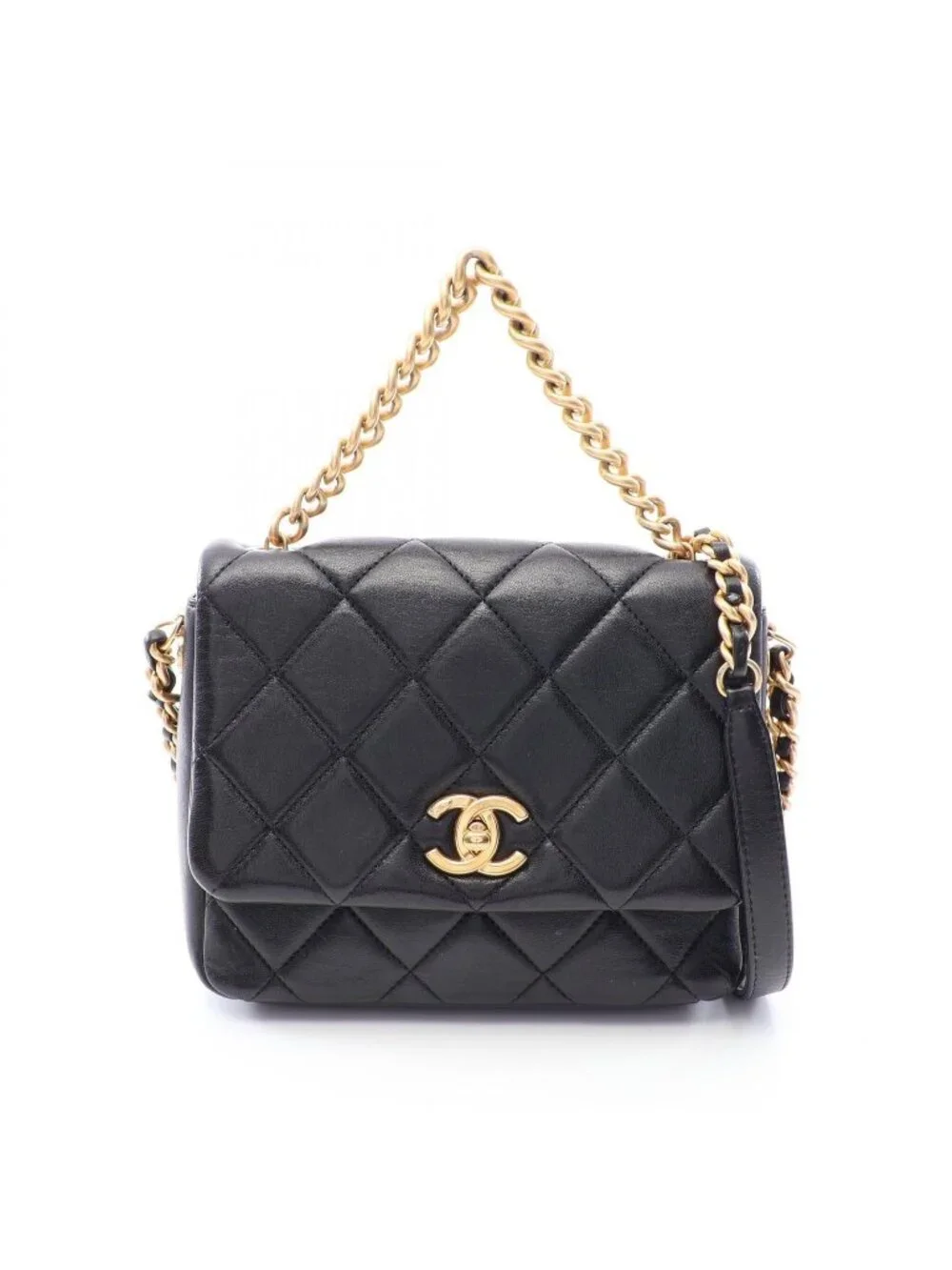 Chanel Shoulder Bag Quilted Black Lambskin 2-Way Chain